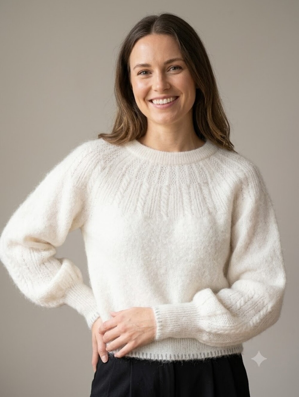 dh New York Cream Fuzzy Alpaca Blend Sweater Balloon Sleeve Romantic Cozy